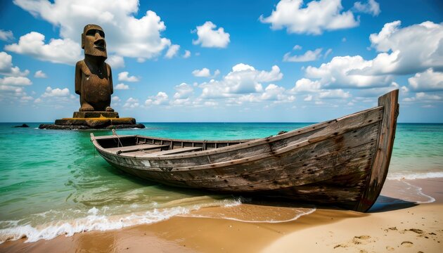 Ancient Moai Statue Standing Beside Weathered Boat on Tropical Beach