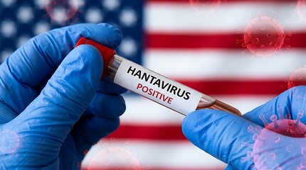 Obraz premium Medical professional holding a test tube labeled hantavirus positive with virus particles and flag