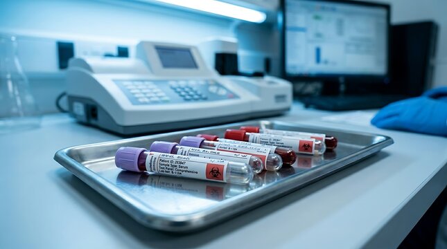Medical laboratory blood sample test tubes on tray with diagnostic equipment and computer monitor in background