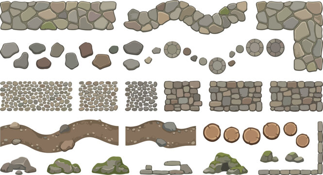 Stone wall and garden path vector set, cobblestone walkway and rock border elements, rustic landscape construction kit for game design