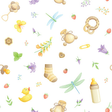 Baby shower seamless vector pattern with cute gender neutral beige elements.