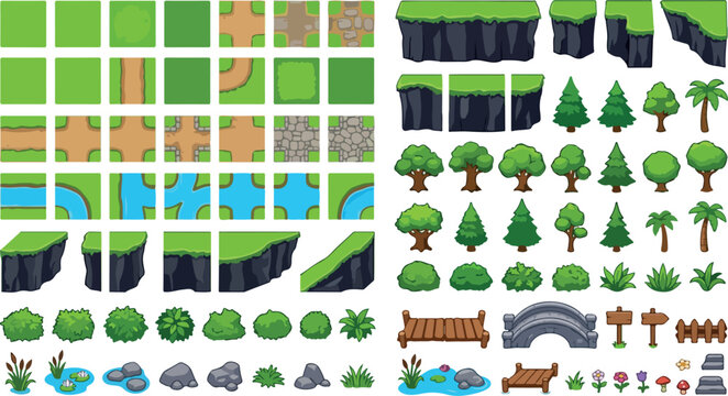 Pixel art game assets for 2D map design, nature environment tile set with trees and grass, top down landscape vector elements for gaming