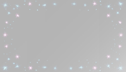 Modern luxury magic sparkle frame, realistic elegant glowing pink and blue star glitter border on grey background © Maxim