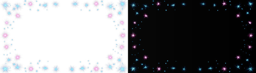 Modern luxury magic sparkle frame, realistic elegant glowing pink and blue star glitter border on white and black background © Maxim