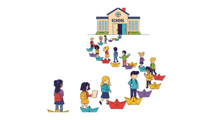 Naklejka premium The Journey to Knowledge: Children embark on their educational journey, sailing on paper boats along a winding path towards a bright school building, symbolizing the start of learning and growth.