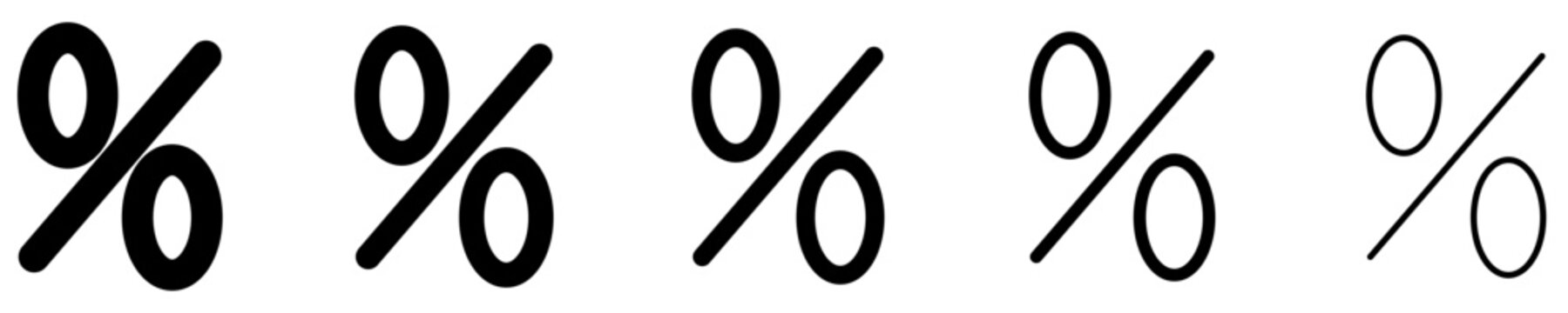 Set of percent sign icons with different line weights. Vector.