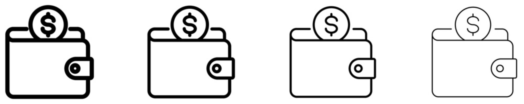 Set of wallet with dollar coins icons with different line weights. Vector.