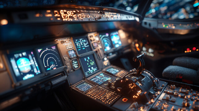 Modern aircraft cockpit dashboard with illuminated flight control panels and futuristic aviation technology interface