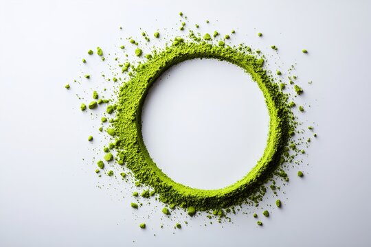 Matcha powder circle arrangement on white background minimalist composition