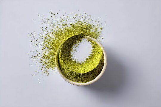 Matcha powder circle formation on white background with fine texture and vibrant green color