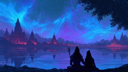 Obraz premium Silhouettes of couple holding trident sitting by calm water under vibrant night sky with glowing stars near ancient temple landscape