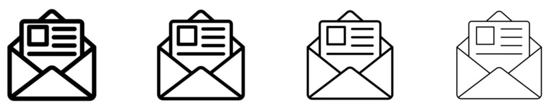 Set of open envelope with letter or text document icons with different line weights. Vector illustration.