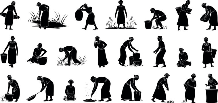 Set of traditional village women silhouettes performing daily rural chores farming harvesting water carrying and agricultural labor activities in vector