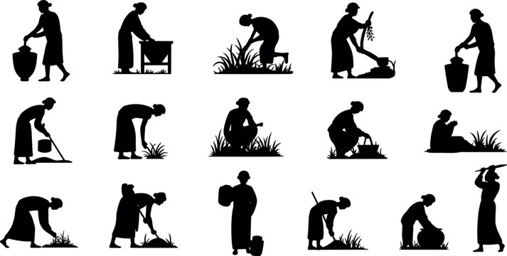 Set of traditional village women silhouettes performing daily rural chores farming harvesting water carrying and agricultural labor activities in vector