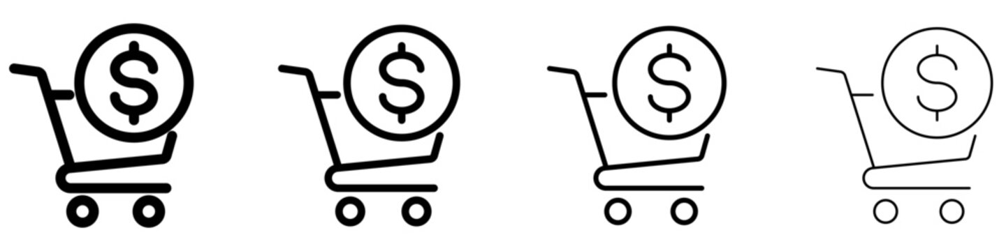 Set of dollar coin inside shopping cart icons with different line weights. Vector illustration.