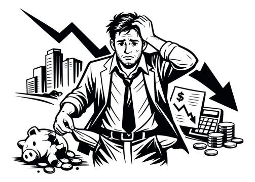 Hand drawn line art illustration of a worried businessman depicting financial struggles for economic crisis