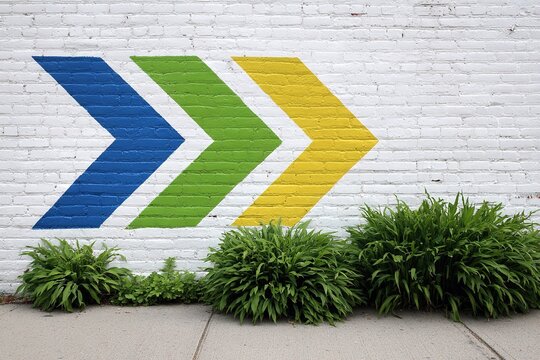 Geometric street art mural with green yellow and blue triangles on white brick wall outdoor