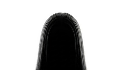 Fototapeta premium A striking minimalist silhouette capturing the top of a head with long, straight black hair against a stark white background, creating a sense of mystery and understated elegance
