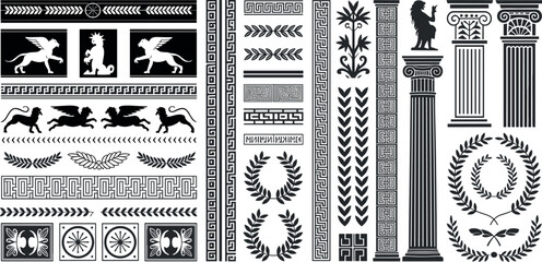 Large set of ancient Greek and Roman architectural ornaments including classical columns laurel wreaths meander borders and mythological griffin silhouettes for decorative design vector © Md