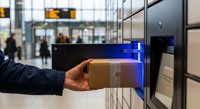 Hand placing secure package in automated delivery locker