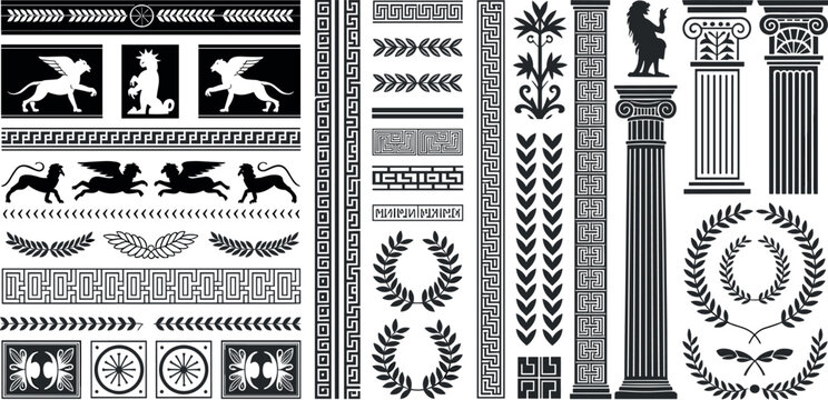 Large set of ancient Greek and Roman architectural ornaments including classical columns laurel wreaths meander borders and mythological griffin silhouettes for decorative design vector