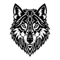 Fototapeta premium Stylized wolf head illustration, tribal wolf mascot logo design, black and white predator animal portrait, geometric canine head graphic
