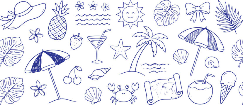Vintage tropical beach vacation icons set with umbrella, pineapple, and seashells