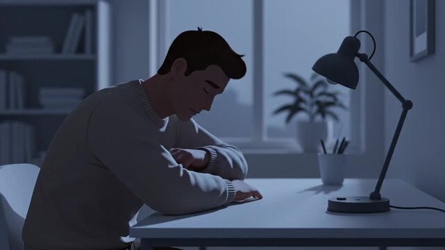 Exhausted Man At Desk Under Lamp Overwhelmed By Work Sleepy Frustrated