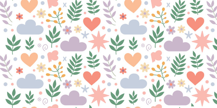 Seamless pattern with hand drawn flat style hearts clouds and floral branches in pastel colors for fabric wallpaper background decoration and spring stationary