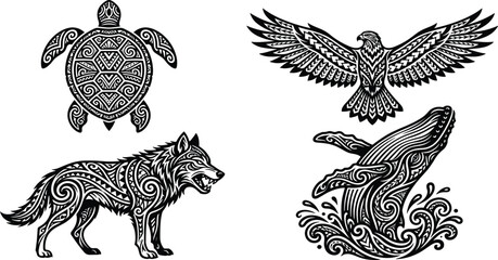 Tribal Animal Silhouette Vector Pack Featuring Sea Turtle, Flying Eagle, Growling Wolf, and Humpback Whale with Maori Pattern for Tattoo Design Art © MdNazmul