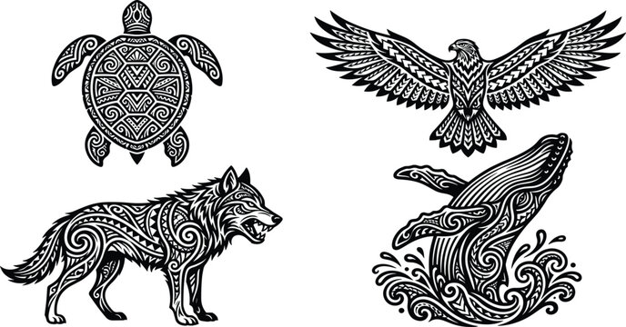 Tribal Animal Silhouette Vector Pack Featuring Sea Turtle, Flying Eagle, Growling Wolf, and Humpback Whale with Maori Pattern for Tattoo Design Art