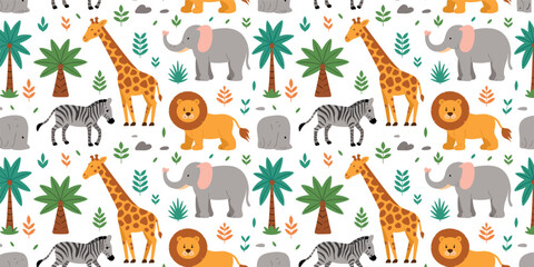 Seamless pattern with cute safari animals giraffe elephant lion zebra and tropical palm trees for nursery wallpaper kids textile and baby shower background © Md