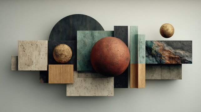 Abstract geometric stones and spheres on textured slate background minimalist composition