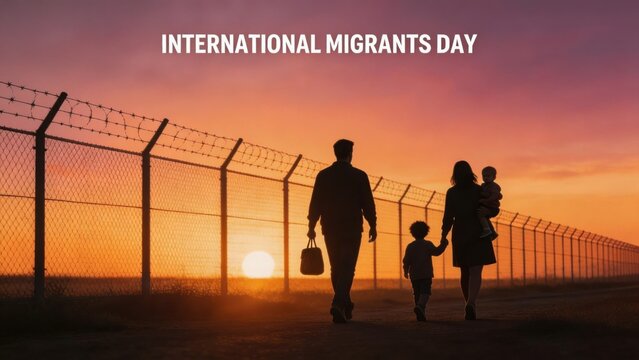 family walking towards sunset behind fence international migrants day