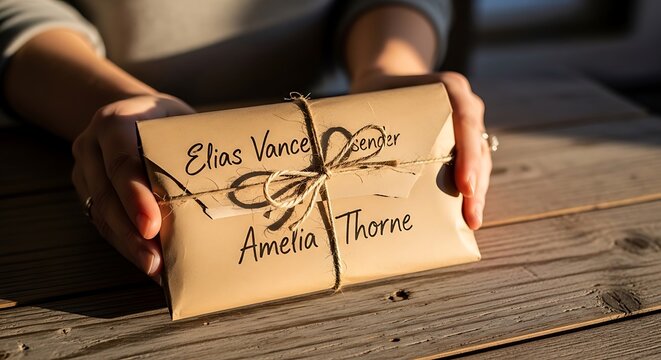 Hands Holding a Brown Paper Wrapped Gift with Names