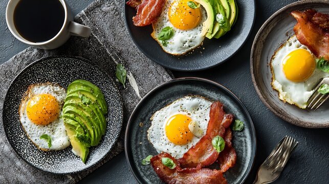 Keto breakfast meal prep egg bacon avocado coffee arranged multiple plates minimalist weekly planning concept