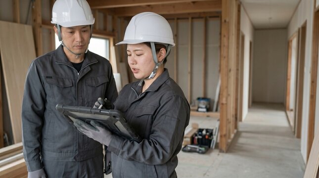 建設現場でタブレットを使用し若手育成を行う男女の現場監督