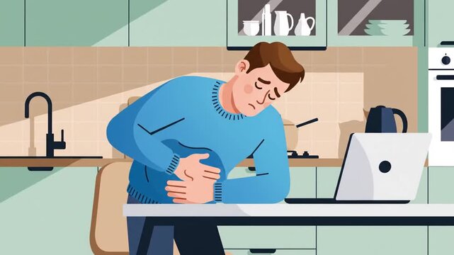 Man Experiencing Stomach Pain While Working On Laptop At Home In Kitchen
