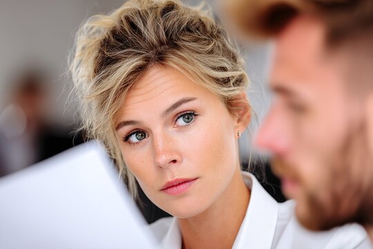 Professional woman explaining business process in modern office with focused colleague