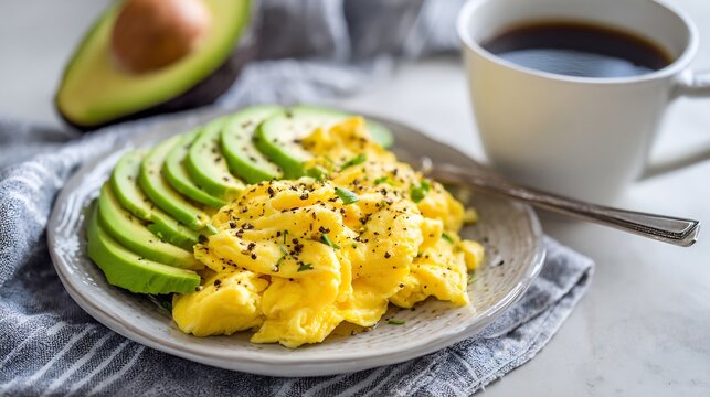 Keto breakfast scrambled egg avocado slices black coffee simple plate bright airy kitchen low carb diet lifestyle minimal style