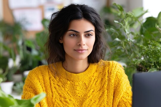 Young professional woman smiling indoors with plants in bright natural light office setting