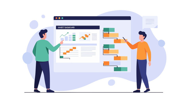 Teamwork meeting analyzing project progress on dashboard interface