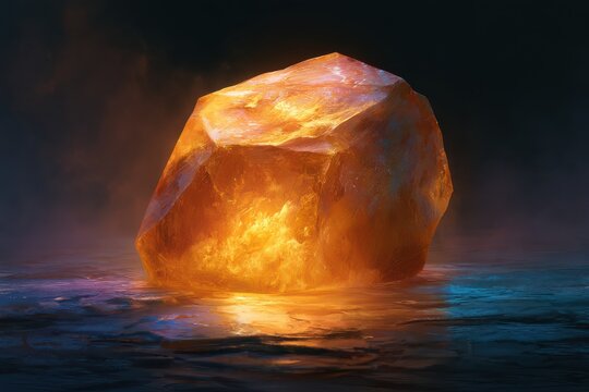 Glowing amber crystal stone in dark cavern reflecting on water surface creating magic aura.