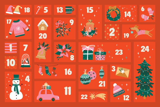Cute hand drawn Christmas advent calendar. Lovely doodle drawings - great for printed products or digital calendars, vector design