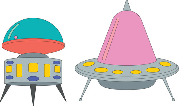 Cartoon UFO spaceships set, colorful alien flying saucers in retro style, sci fi vector illustration isolated background