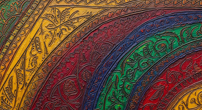 Abstract colorful ornate pattern with texture and semicircle arcs design