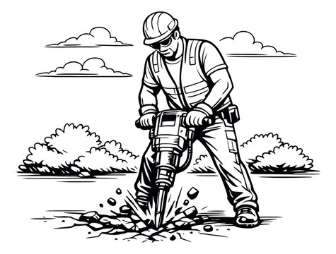 Line art illustration of a construction worker depicting operating a jackhammer for construction work