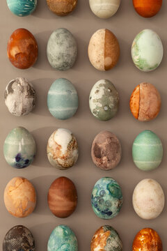 Decorated eggs in different colors and textures