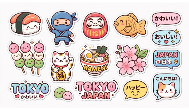 Cute Japanese Kawaii Sticker Vector Set with Ninja Tokyo Daruma and Taiyaki Characters
