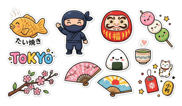 Cute Japan Kawaii Characters Sticker Vector Pack for T Shirt Posters and Merchandise